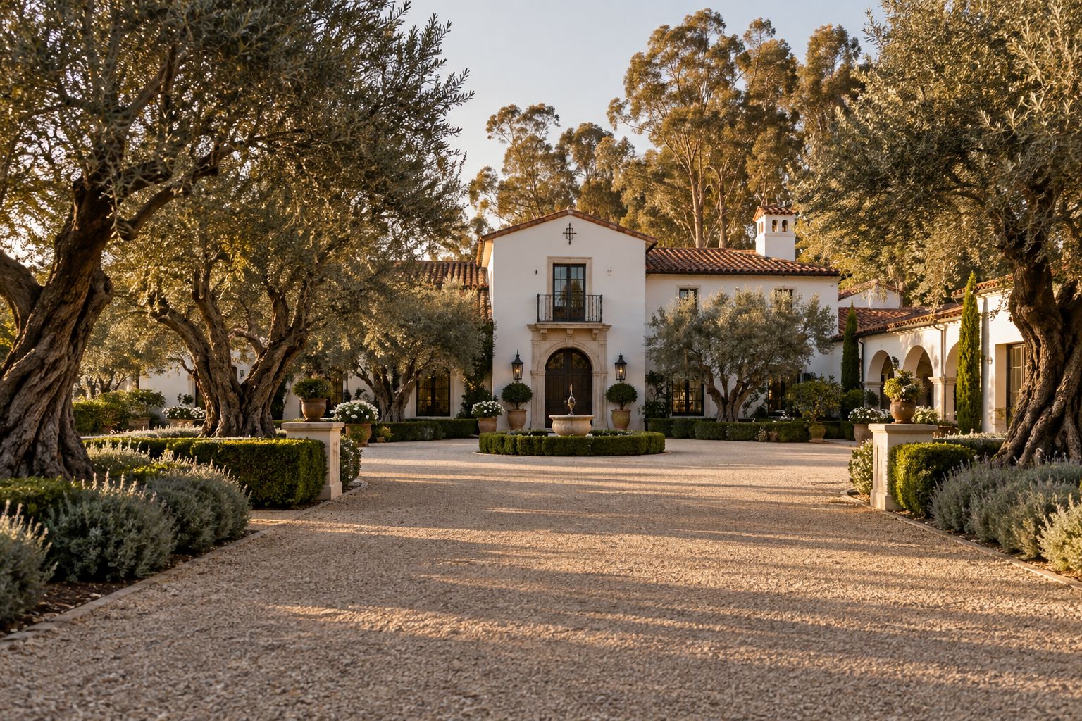 Estate home with a long gravel motor court