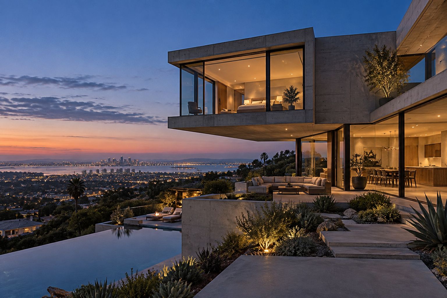 Modern hillside residence at dusk